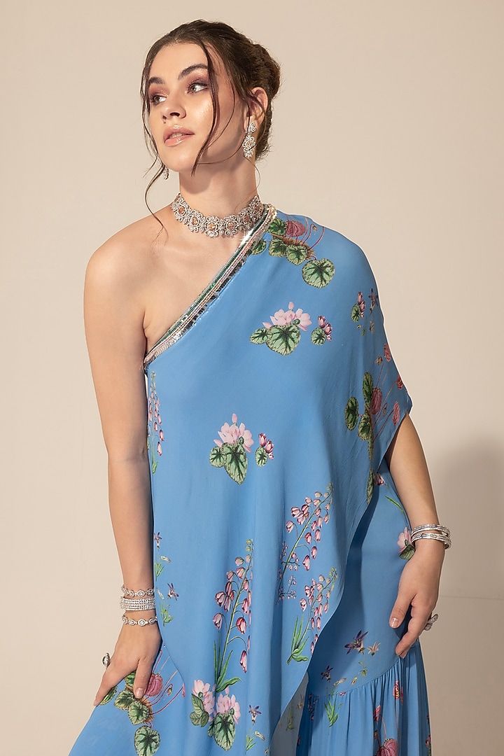 Blue Double Georgette Botanical Printed Tunic Set by Sakshi Girri at Pernia's Pop Up Shop