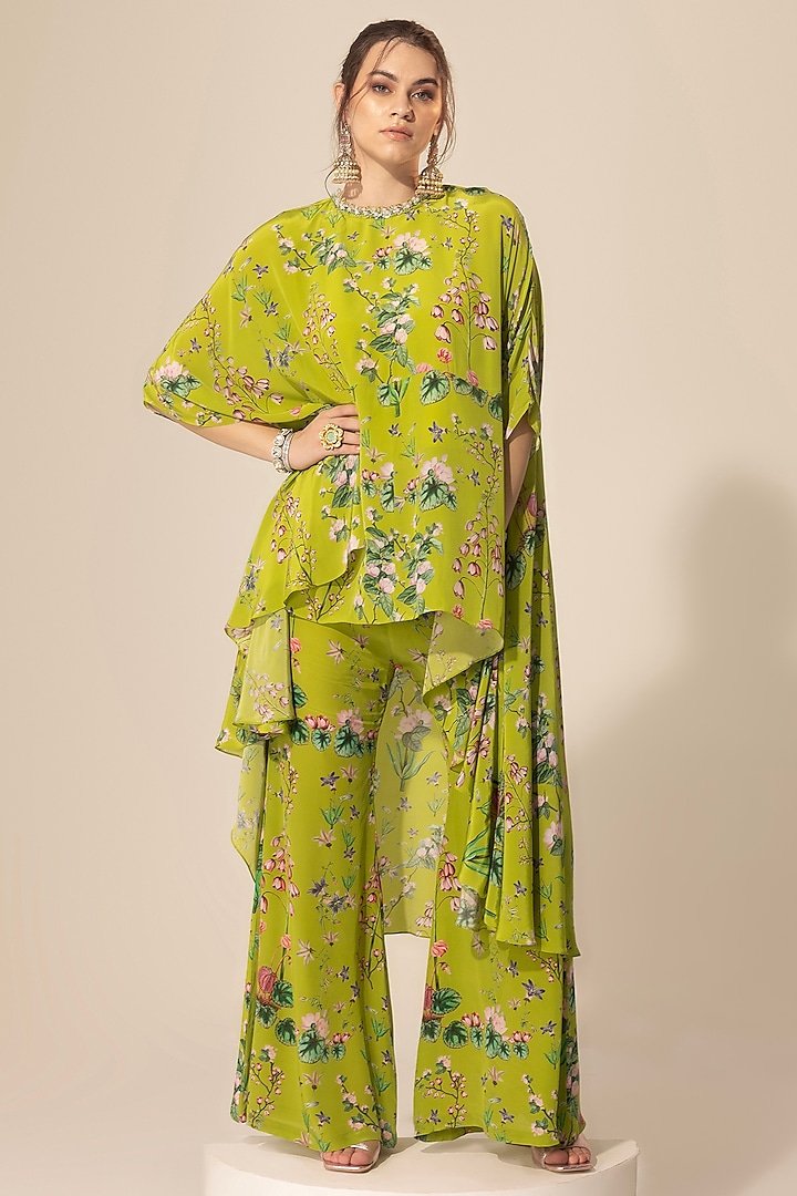 Green Crepe Botanical Printed & Embellished Tunic Set by Sakshi Girri at Pernia's Pop Up Shop