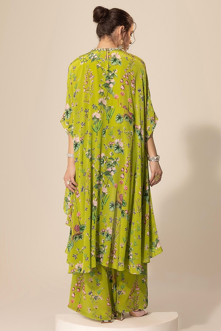 Green Crepe Botanical Printed & Embellished Tunic Set by Sakshi Girri at Pernia's Pop Up Shop