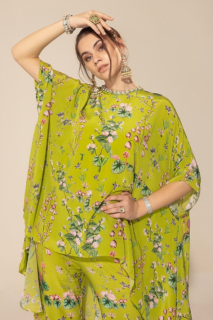 Green Crepe Botanical Printed & Embellished Tunic Set by Sakshi Girri at Pernia's Pop Up Shop