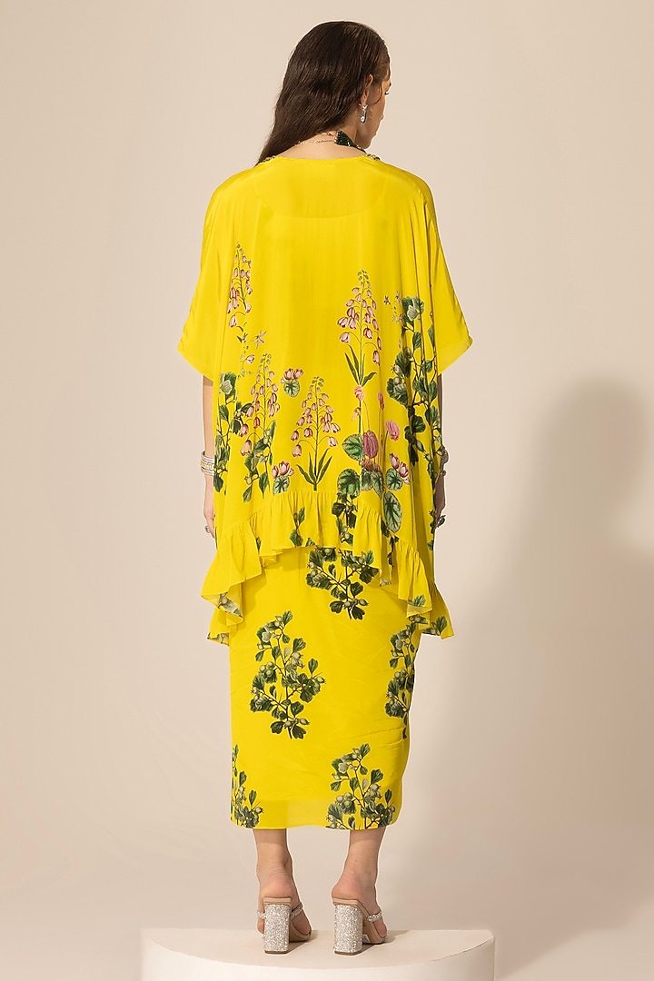 Yellow Crepe Botanical Printed & Embellished Kaftan Set by Sakshi Girri at Pernia's Pop Up Shop