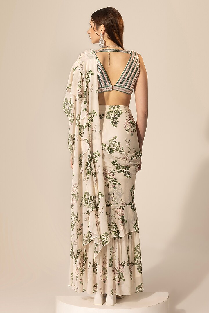Off-White Georgette & Scuba Botanical Printed Pre-Stitched Party Wear Saree Set by Sakshi Girri at Pernia's Pop Up Shop