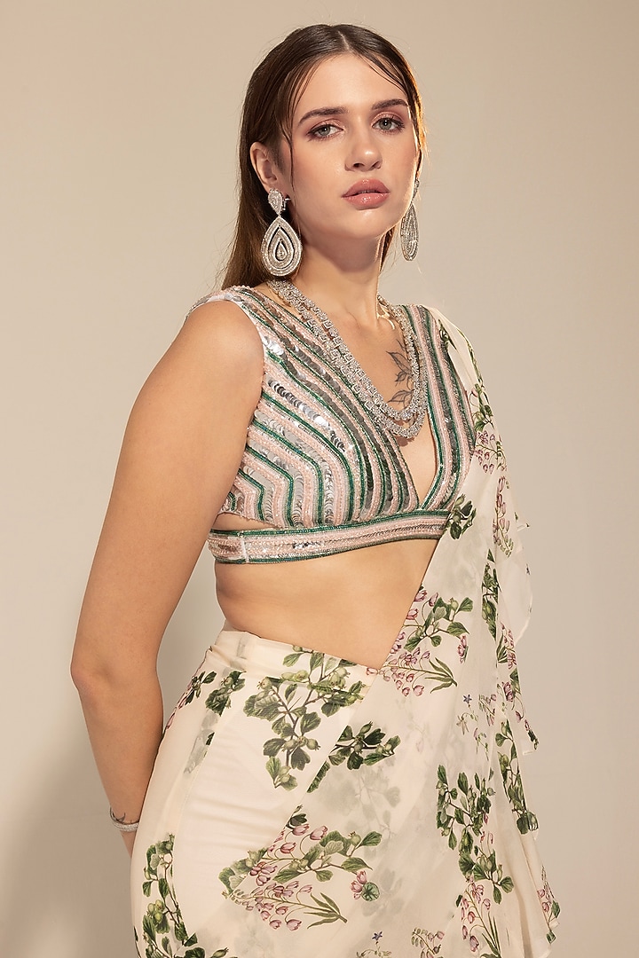 Off-White Georgette & Scuba Botanical Printed Pre-Stitched Party Wear Saree Set by Sakshi Girri at Pernia's Pop Up Shop