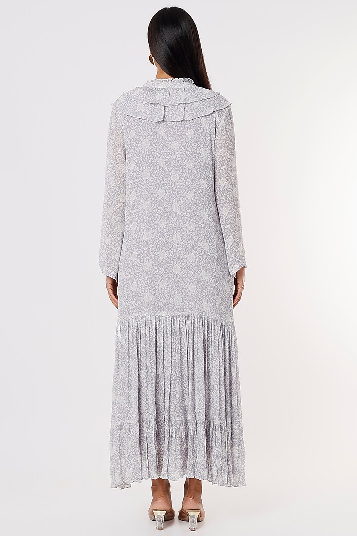 Lavender Chiffon Floral Digital Printed Ruffled Maxi Summer Dress by Sakshi Girri at Pernia's Pop Up Shop