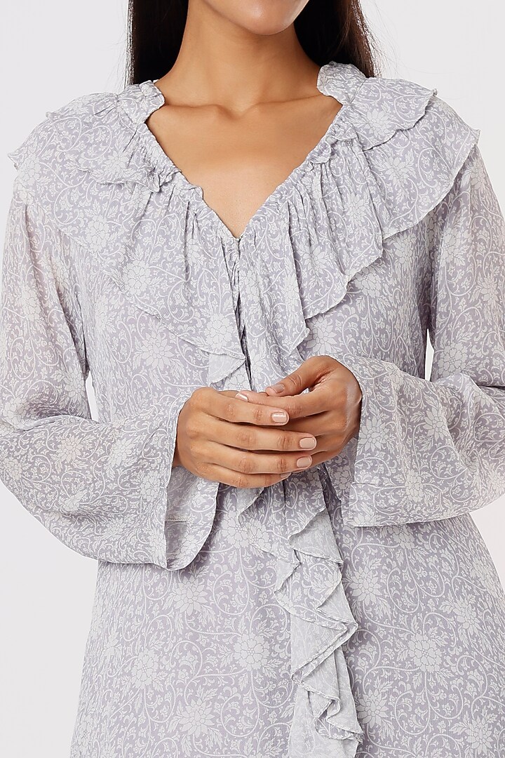 Lavender Chiffon Floral Digital Printed Ruffled Maxi Summer Dress by Sakshi Girri at Pernia's Pop Up Shop