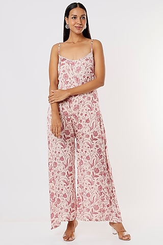 Rust Pink Satin Printed Jumpsuit by Sakshi Girri