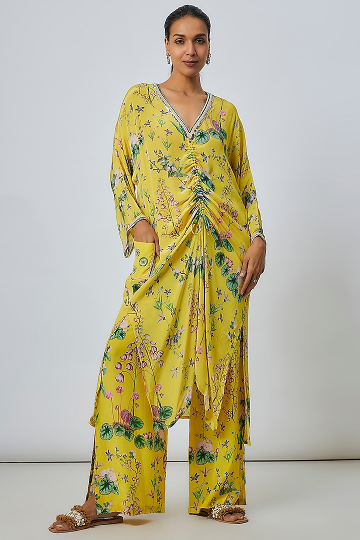 Yellow Crepe Botanical Printed Kaftan Set by Sakshi Girri at Pernia's Pop Up Shop