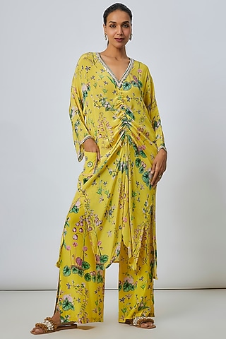 Yellow Crepe Botanical Printed Kaftan Set by Sakshi Girri