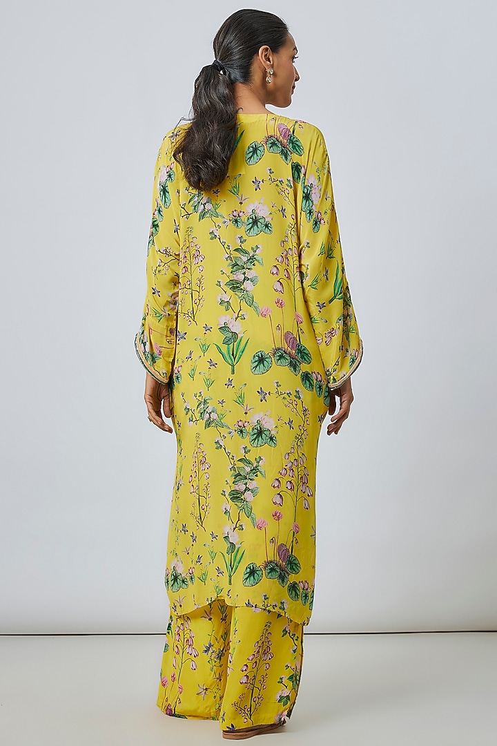 Yellow Crepe Botanical Printed Kaftan Set by Sakshi Girri at Pernia's Pop Up Shop