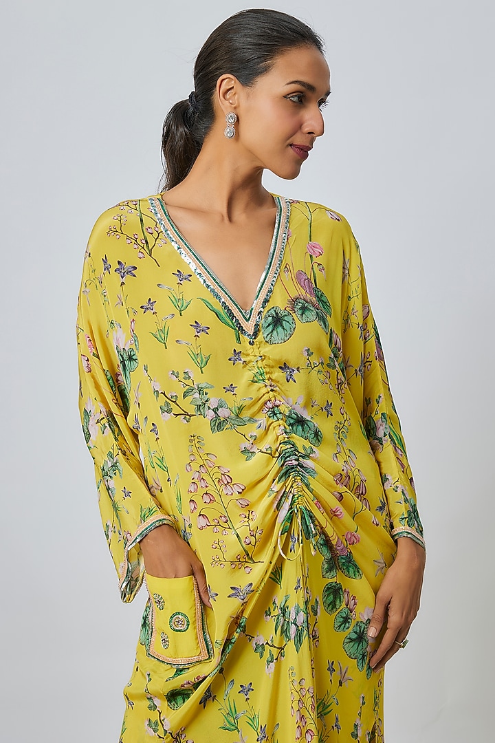 Yellow Crepe Botanical Printed Kaftan Set by Sakshi Girri at Pernia's Pop Up Shop