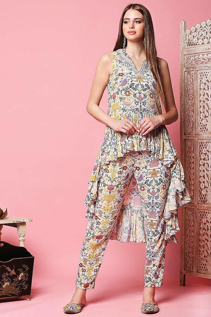 Multi Colored Printed Asymmetrical Tunic Set by Sakshi Girri at Pernia's Pop Up Shop