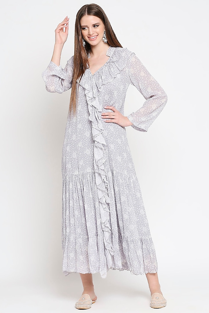 Lavender Floral Printed Maxi Dress by Sakshi Girri