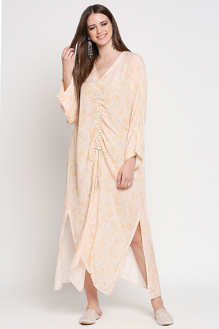 Pale Yellow Floral Printed Kaftan Dress by Sakshi Girri