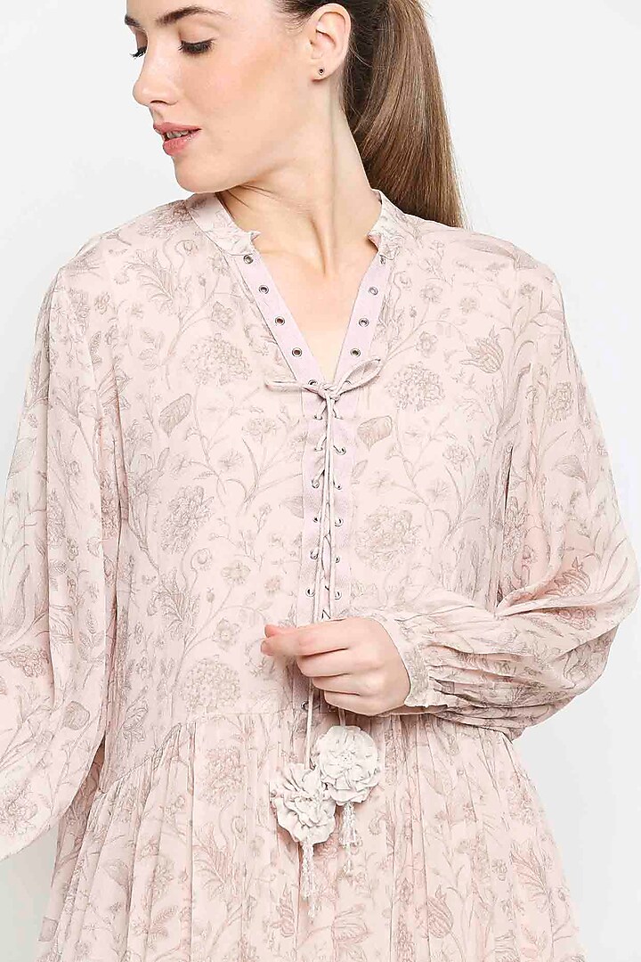 Beige Floral Printed Laced-up Summer Dress by Sakshi Girri at Pernia's Pop Up Shop