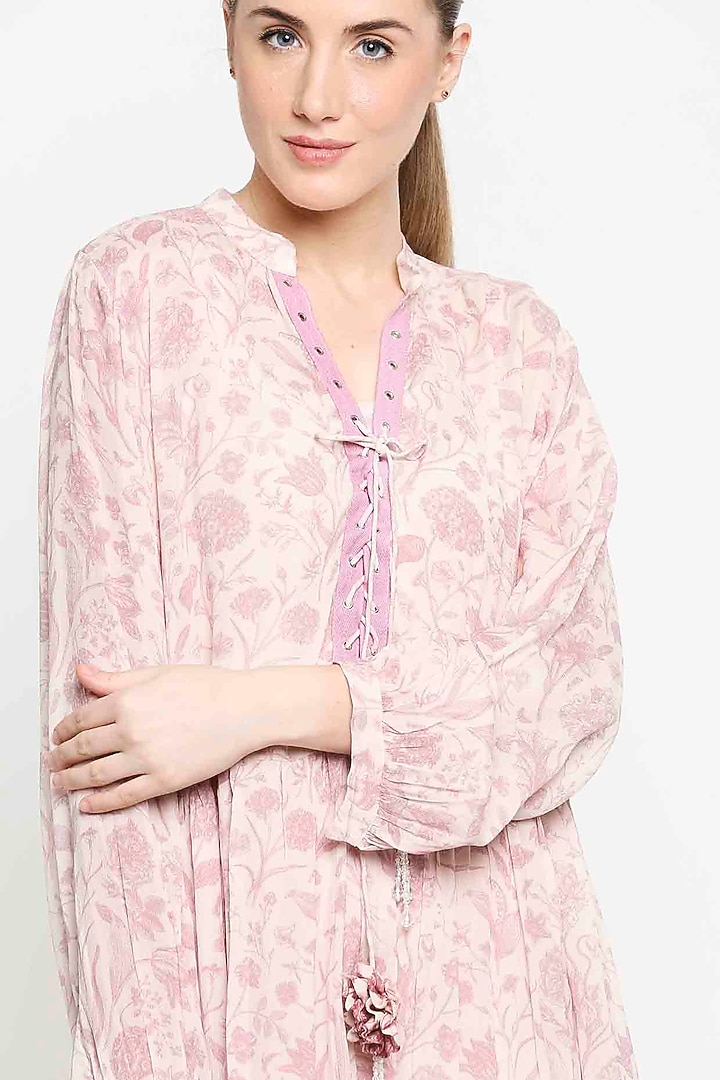 Blush Pink Floral Printed Laced-up Summer Dress by Sakshi Girri at Pernia's Pop Up Shop
