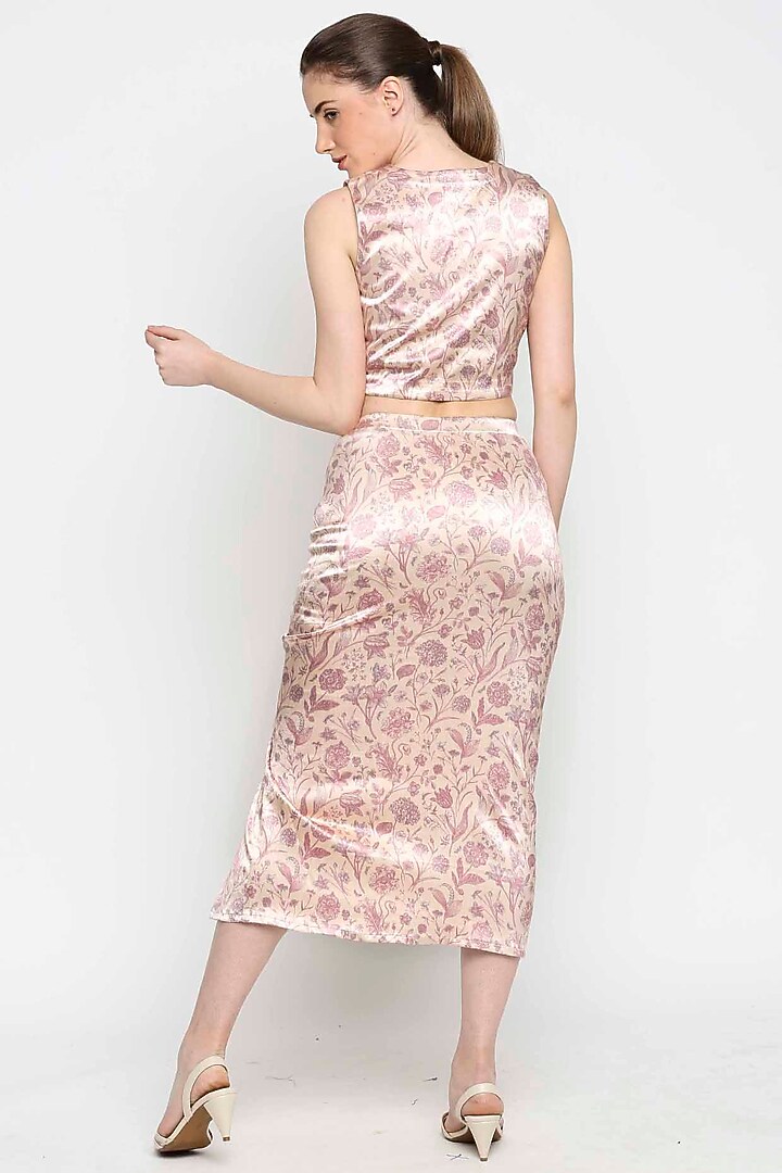 Blush Pink Stretchable Satin Floral Printed Pencil Skirt Set by Sakshi Girri at Pernia's Pop Up Shop