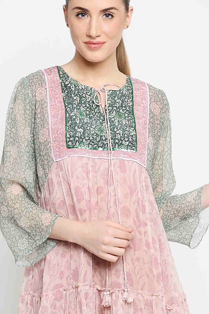 Pink & Green Embroidered Flared Summer Dress by Sakshi Girri at Pernia's Pop Up Shop