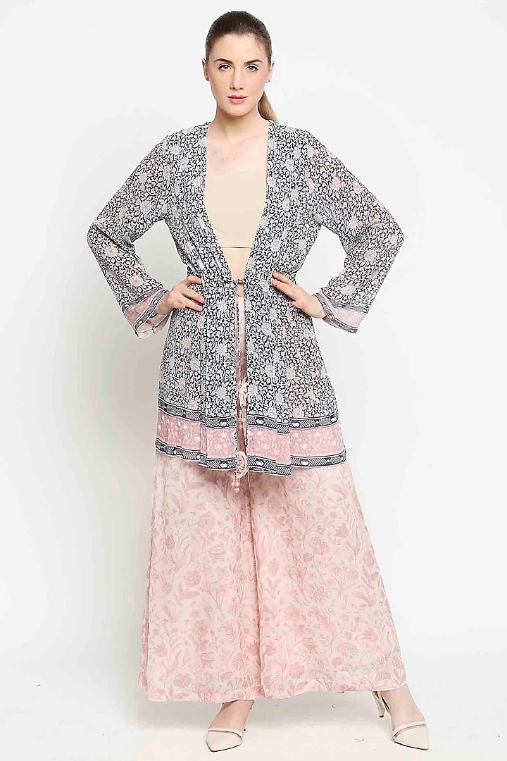 Navy Blue Georgette Sequins Embroidered & Floral Printed Tunic Set by Sakshi Girri