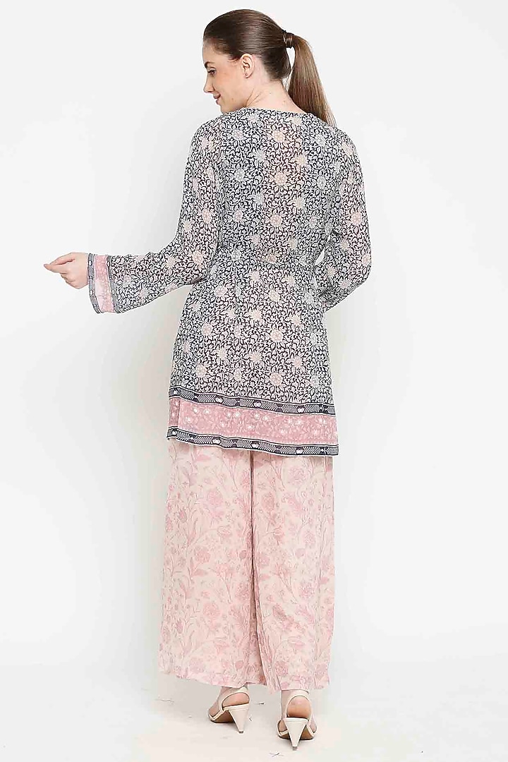 Navy Blue Georgette Sequins Embroidered & Floral Printed Tunic Set by Sakshi Girri at Pernia's Pop Up Shop