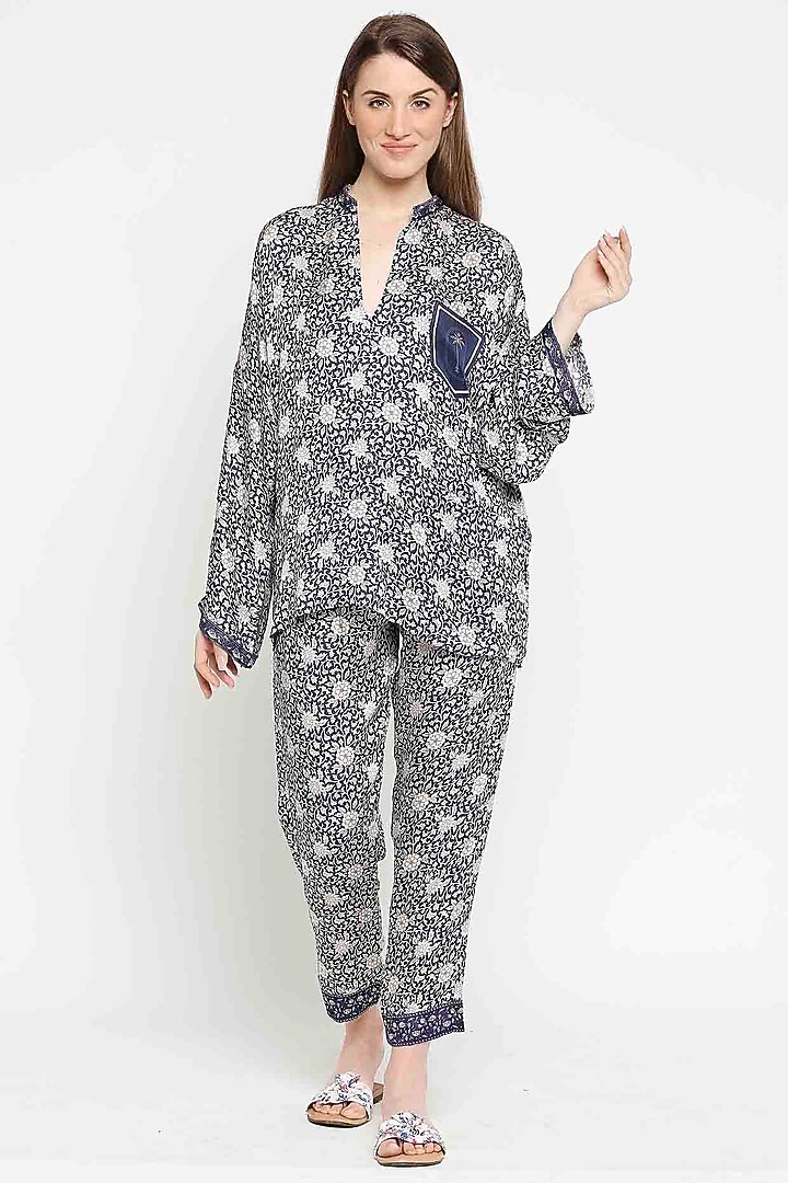 Navy Blue Floral Printed Co-ord Set by Sakshi Girri at Pernia's Pop Up Shop
