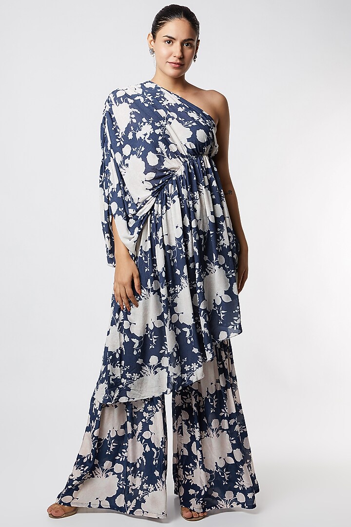 Navy Blue Printed Party Wear Sharara Set by Sakshi Girri at Pernia's Pop Up Shop