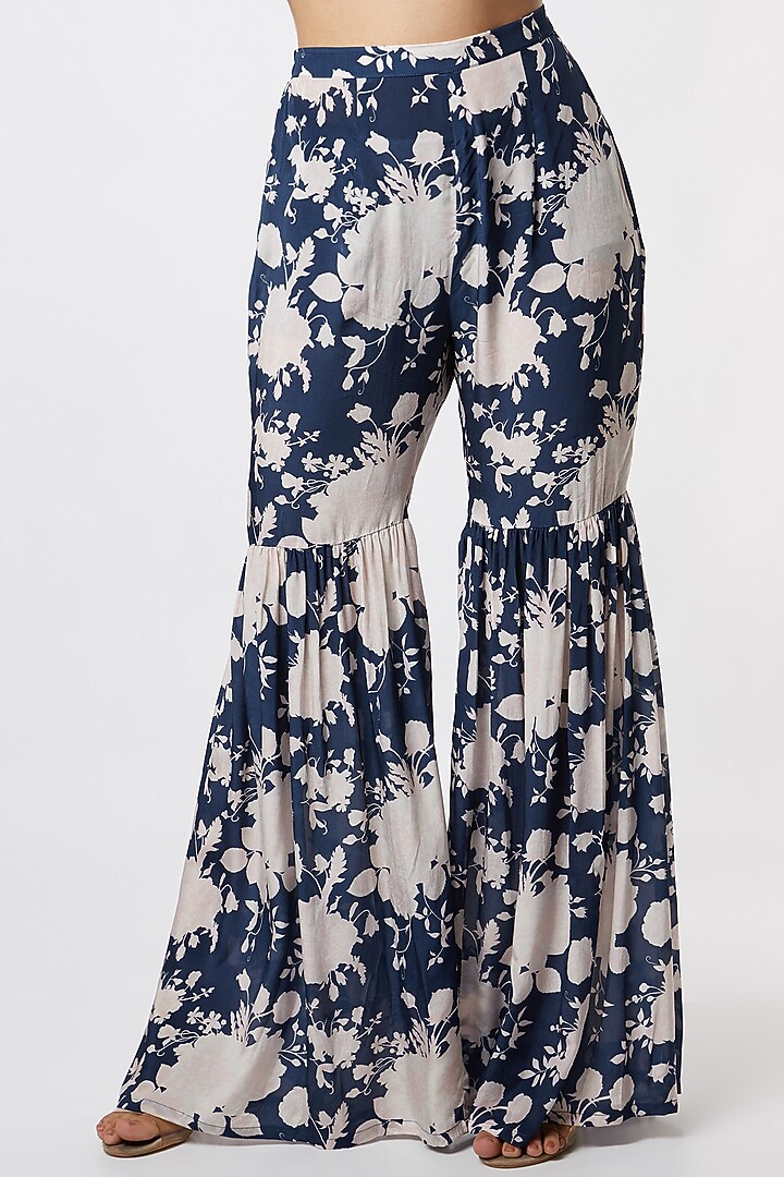 Navy Blue Printed Party Wear Sharara Set by Sakshi Girri at Pernia's Pop Up Shop