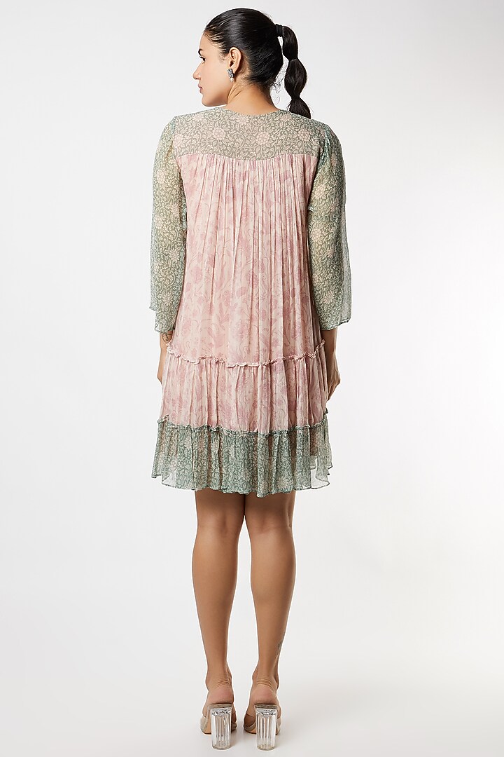 Blush Pink & Pine Green Chiffon Floral Printed & Embroidered Summer Dress by Sakshi Girri at Pernia's Pop Up Shop