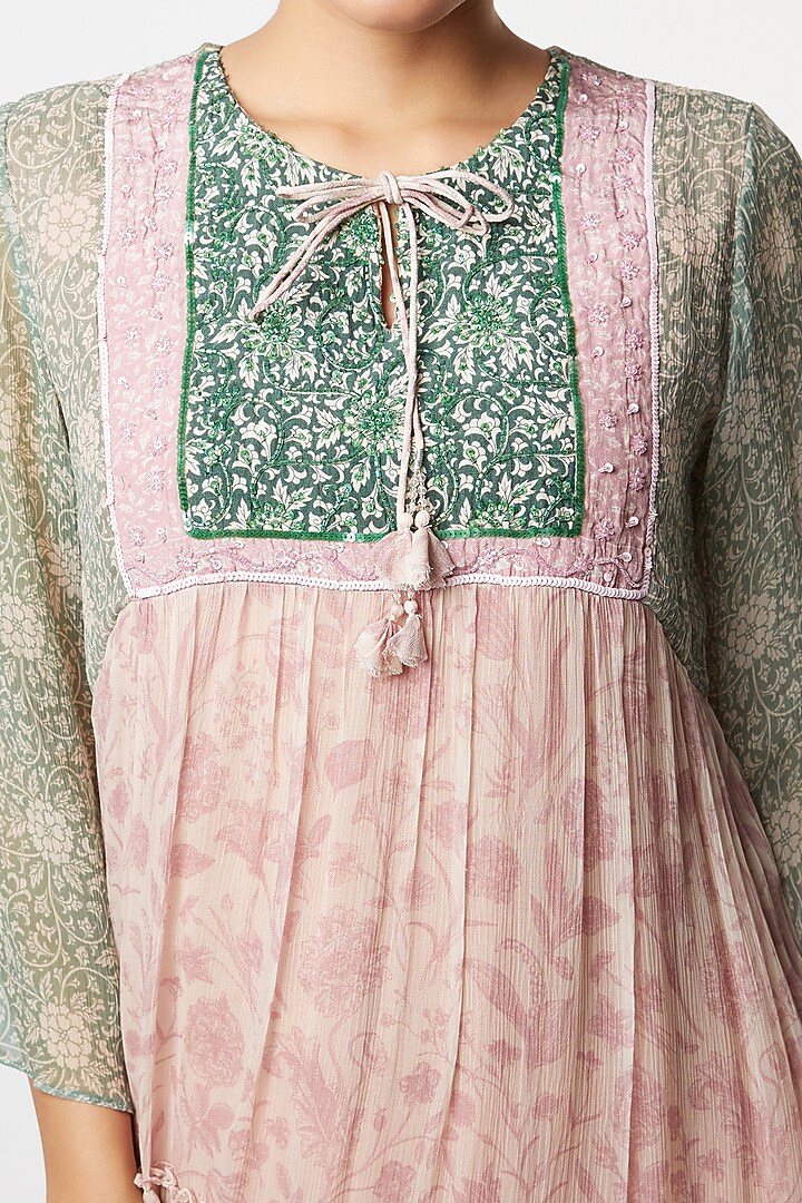 Blush Pink & Pine Green Chiffon Floral Printed & Embroidered Summer Dress by Sakshi Girri at Pernia's Pop Up Shop