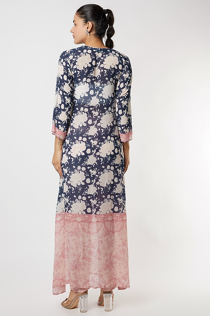 Navy Blue & Blush Pink Printed Tunic Jacket Set by Sakshi Girri at Pernia's Pop Up Shop