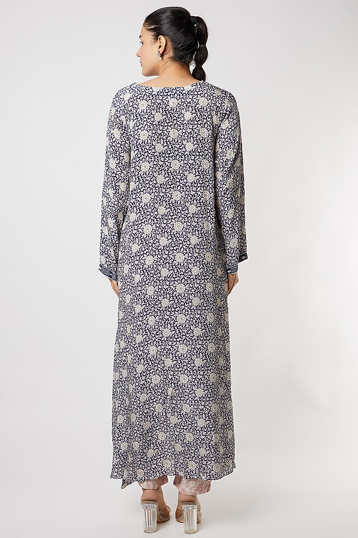 Navy Blue & Blush Pink Printed Asymmetrical Tunic Set by Sakshi Girri at Pernia's Pop Up Shop