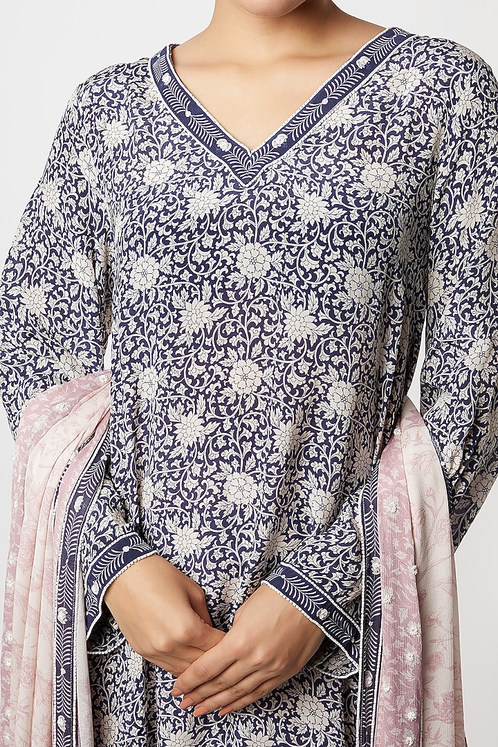 Navy Blue & Blush Pink Printed Asymmetrical Tunic Set by Sakshi Girri at Pernia's Pop Up Shop