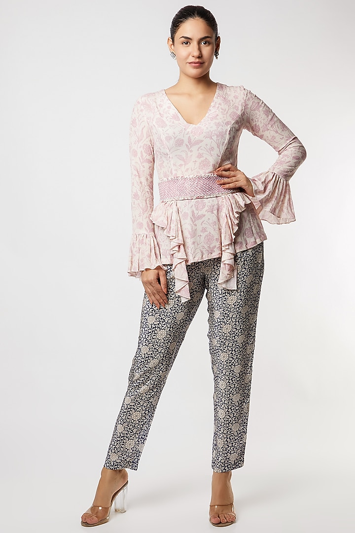 Blush Pink & Navy Blue Printed Pant Set by Sakshi Girri at Pernia's Pop Up Shop