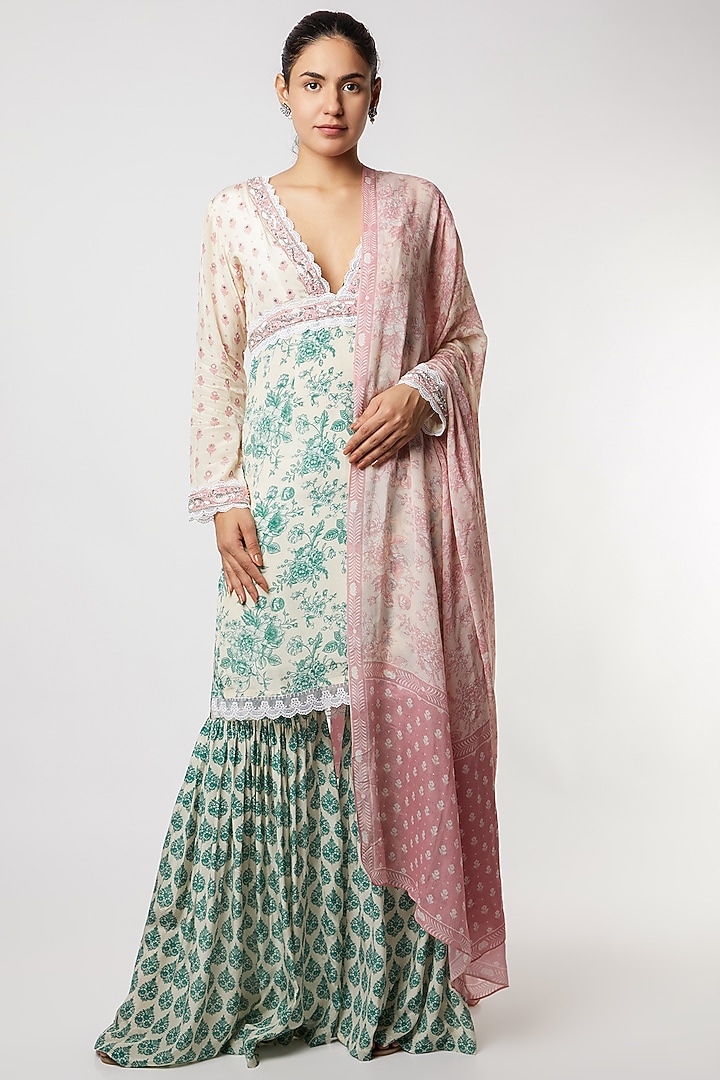 Teal Green Chiffon Printed Party Wear Sharara Set by Sakshi Girri at Pernia's Pop Up Shop
