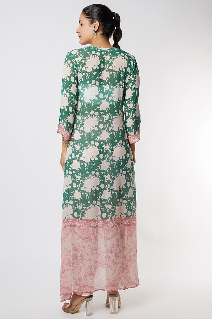 Teal Green & Blush Pink Printed Long Tunic Set by Sakshi Girri at Pernia's Pop Up Shop