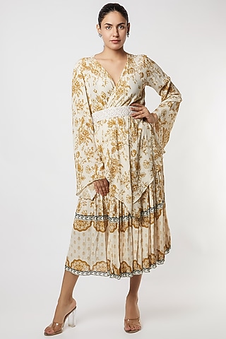Dark Beige & Off-White Cotton Wrinkle Floral Printed Skirt Set by Sakshi Girri