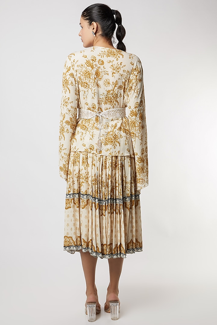 Dark Beige & Off-White Cotton Wrinkle Floral Printed Skirt Set by Sakshi Girri at Pernia's Pop Up Shop