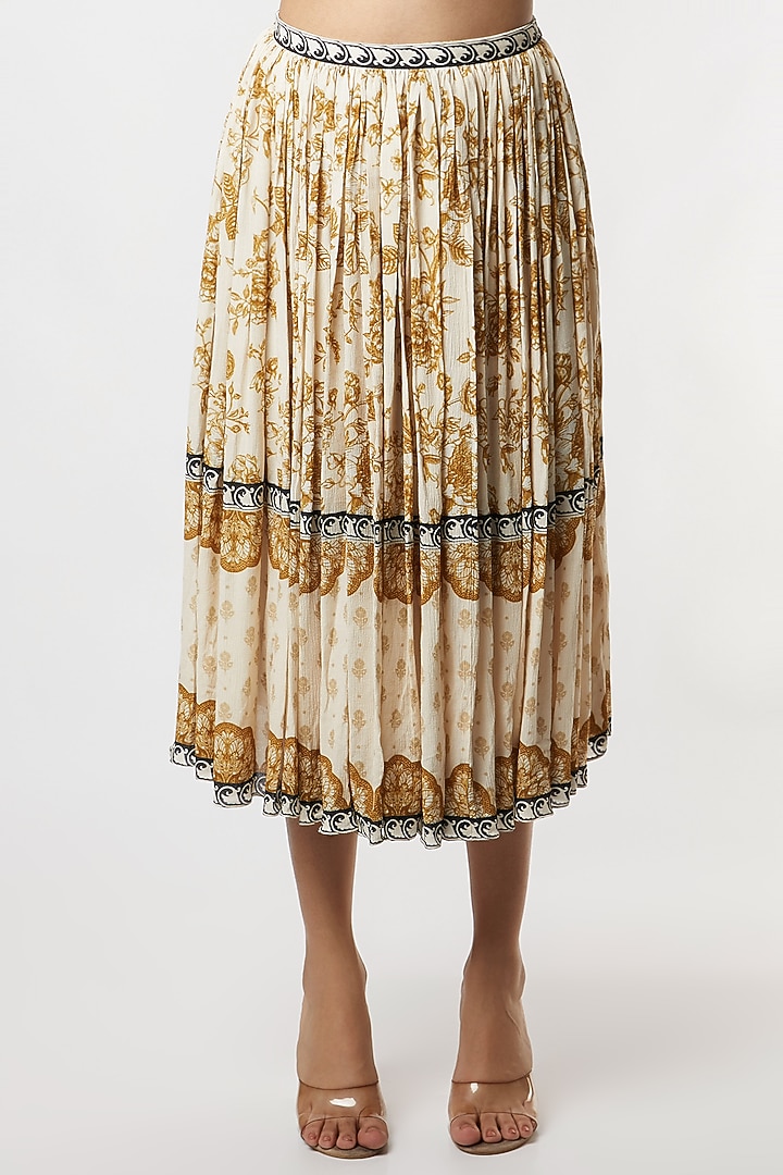 Dark Beige & Off-White Cotton Wrinkle Floral Printed Skirt Set by Sakshi Girri at Pernia's Pop Up Shop