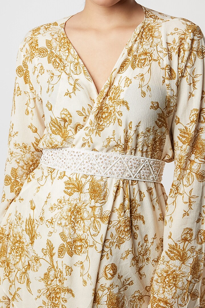 Dark Beige & Off-White Cotton Wrinkle Floral Printed Skirt Set by Sakshi Girri at Pernia's Pop Up Shop