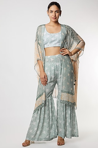 Pine Green & Yellow Printed Gharara Set by Sakshi Girri