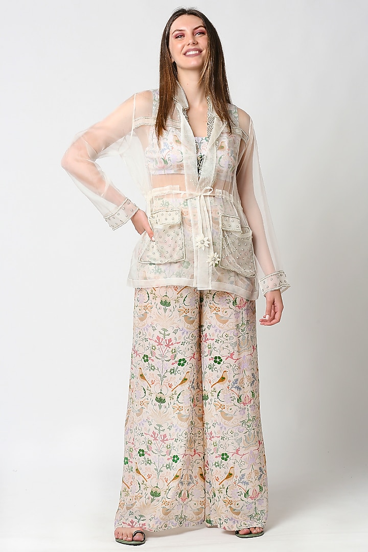 Ivory Printed Palazzo Pant Set by Sakshi Girri at Pernia's Pop Up Shop