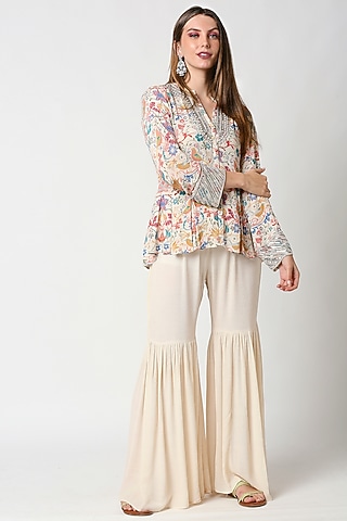 Beige Printed Gharara Pant Set by Sakshi Girri