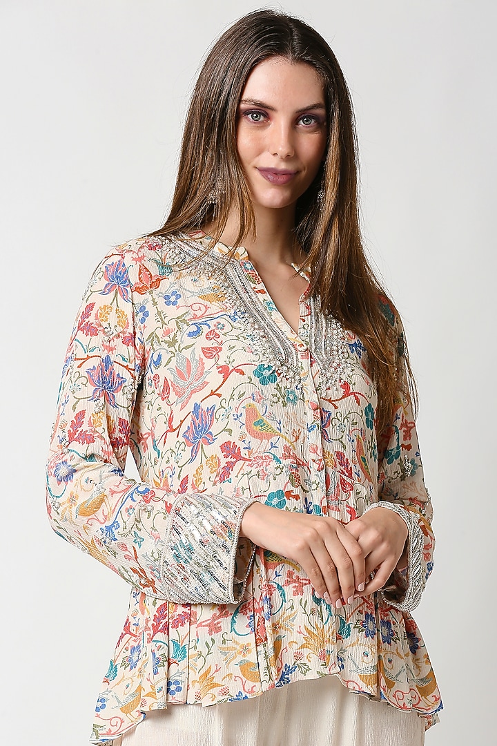 Beige Printed Gharara Pant Set by Sakshi Girri at Pernia's Pop Up Shop