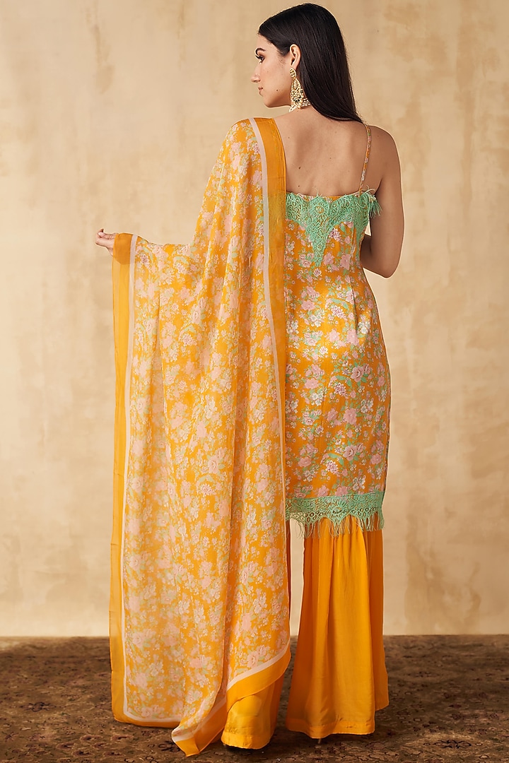 Honey Yellow Satin Party Wear Sharara Set by Sakshi Girri at Pernia's Pop Up Shop