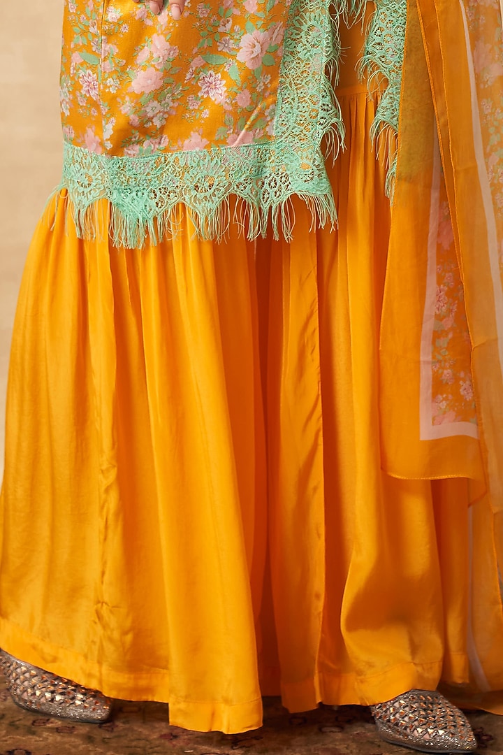 Honey Yellow Satin Party Wear Sharara Set by Sakshi Girri at Pernia's Pop Up Shop