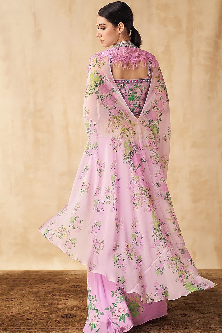 Lavender Satin Lycra & Crepe Embellished Skirt Set by Sakshi Girri at Pernia's Pop Up Shop