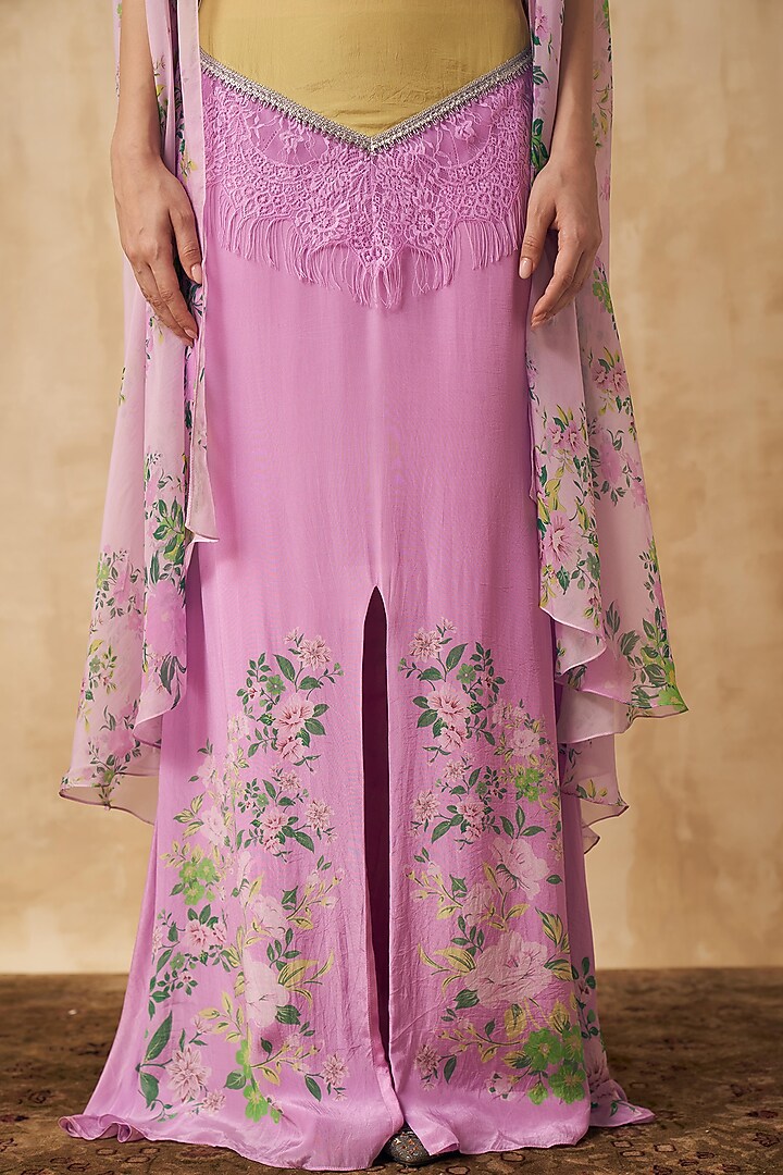 Lavender Satin Lycra & Crepe Embellished Skirt Set by Sakshi Girri at Pernia's Pop Up Shop