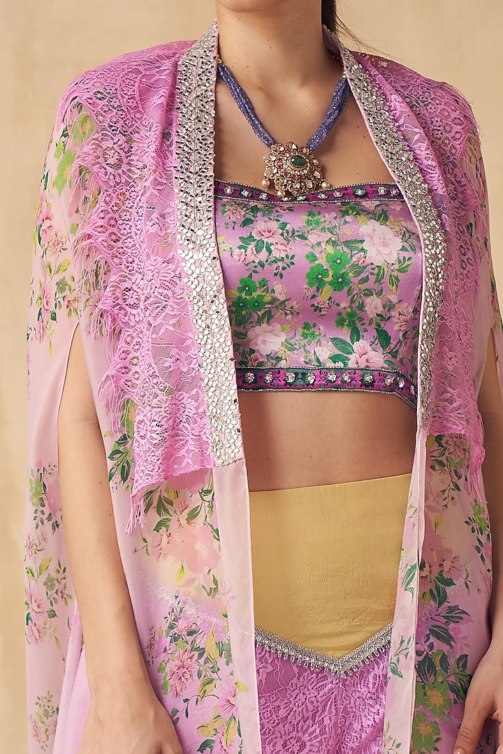 Lavender Satin Lycra & Crepe Embellished Skirt Set by Sakshi Girri at Pernia's Pop Up Shop