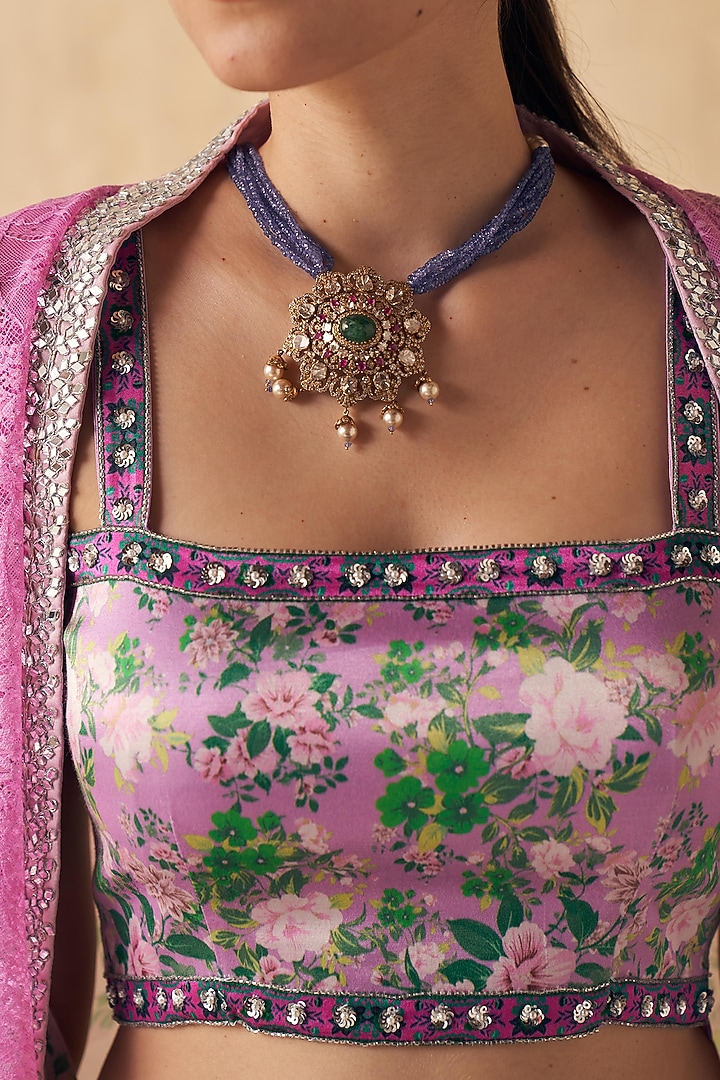 Lavender Satin Lycra & Crepe Embellished Skirt Set by Sakshi Girri at Pernia's Pop Up Shop