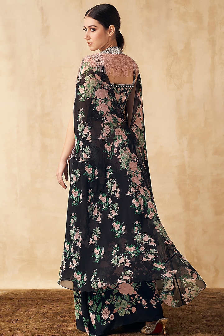 Black Crepe & Satin Lycra Floral Printed Fish-Tail Skirt Set by Sakshi Girri at Pernia's Pop Up Shop