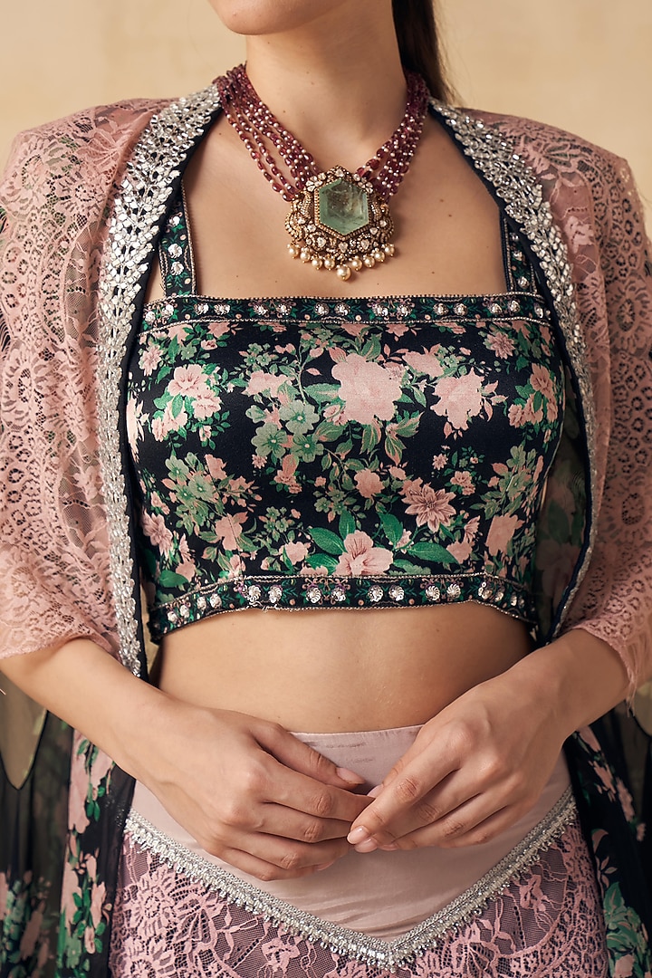 Black Crepe & Satin Lycra Floral Printed Fish-Tail Skirt Set by Sakshi Girri at Pernia's Pop Up Shop